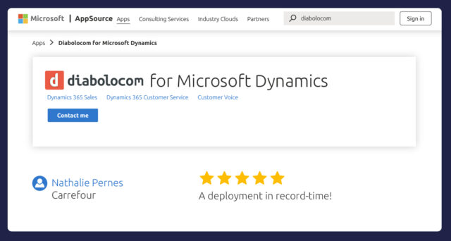 A integração de telefonia da Diabolocom está disponível na Microsoft Marketplace.