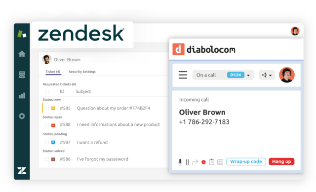 O software Diabolocom está acessível na sua interface através da integração CTI do Zendesk.