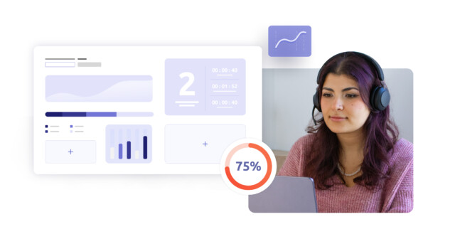 Agente de suporte com cabelo roxo e fones de ouvido trabalhando no laptop; ao lado, painel com estatísticas de desempenho e círculo de progresso de 75%