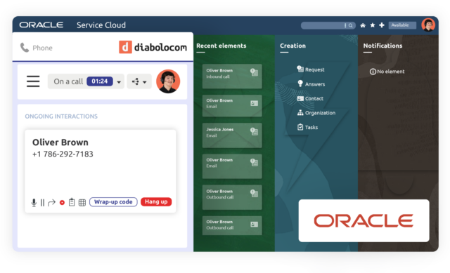 O widget do atendente Diabolocom está disponível na sua interface através da integração CTI do Oracle Service Cloud.