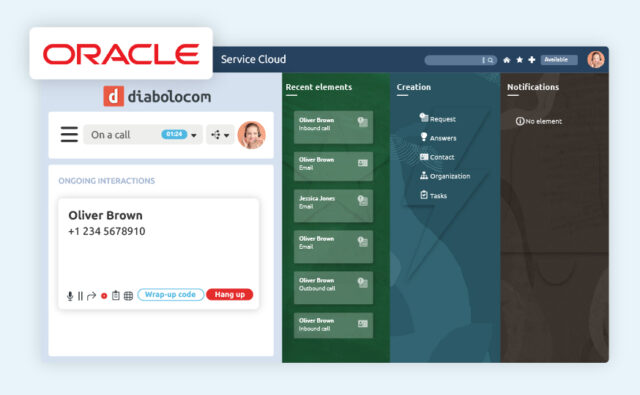 O widget do atendente Diabolocom está disponível na sua interface através da integração CTI do Oracle Service Cloud.
