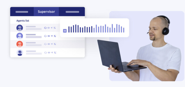 Agente de call center em atendimento, olhando para a lista de contatos no computador